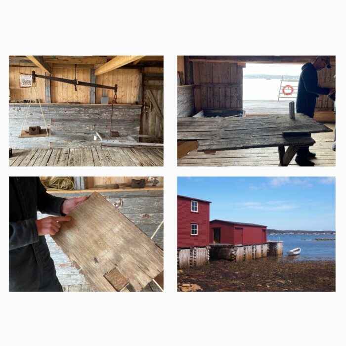 Clockwise from top left: Apparatus merchants used to weigh salt cod, PJ near the splitting table in the fishing stage, a tally board from 1939, the Punt Premises stage and shed